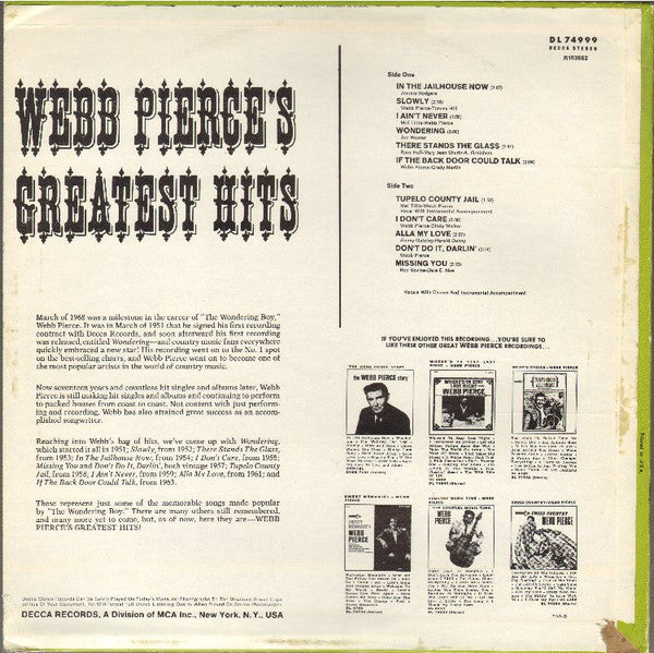 Webb Pierce : Webb Pierce's Greatest Hits (LP, Album, Club, Ind)