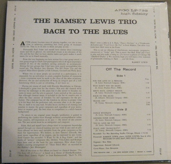 The Ramsey Lewis Trio : Bach To The Blues (LP, Album)