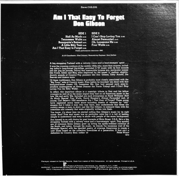 Don Gibson : Am I That Easy To Forget (LP, Comp, RE)