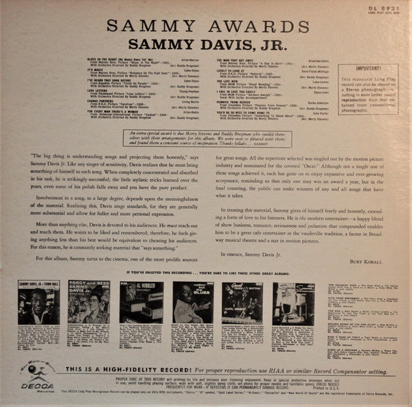 Sammy Davis Jr. : Sammy Awards (LP, Album, Mono, Promo)