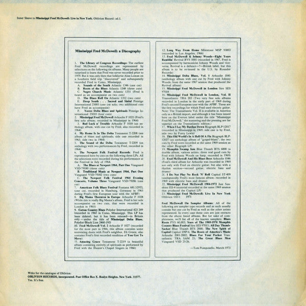 Mississippi Fred McDowell* : Live In New York (LP, Album, RE)