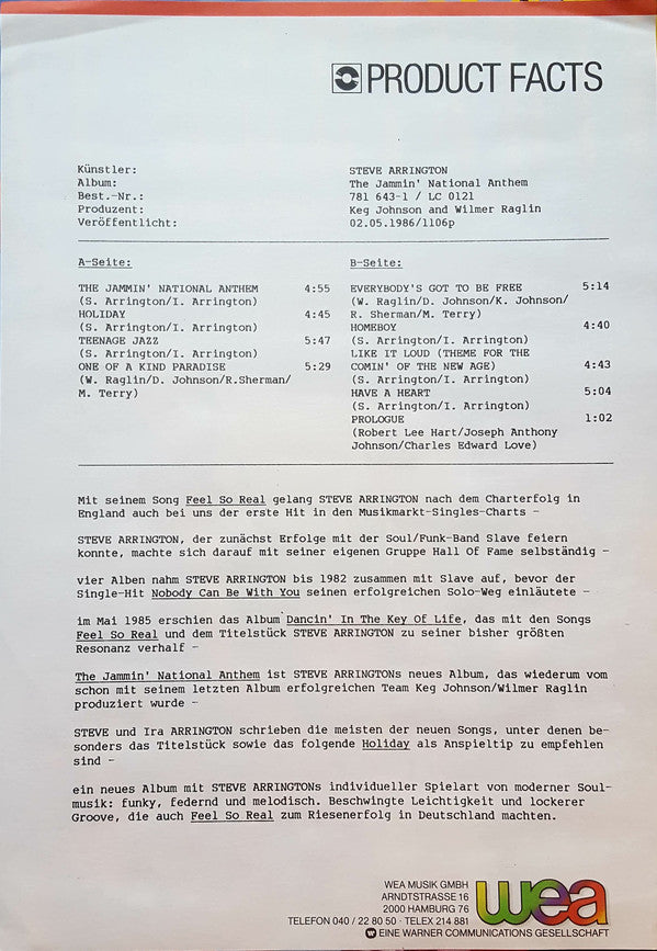 Steve Arrington : The Jammin' National Anthem (LP, Album)