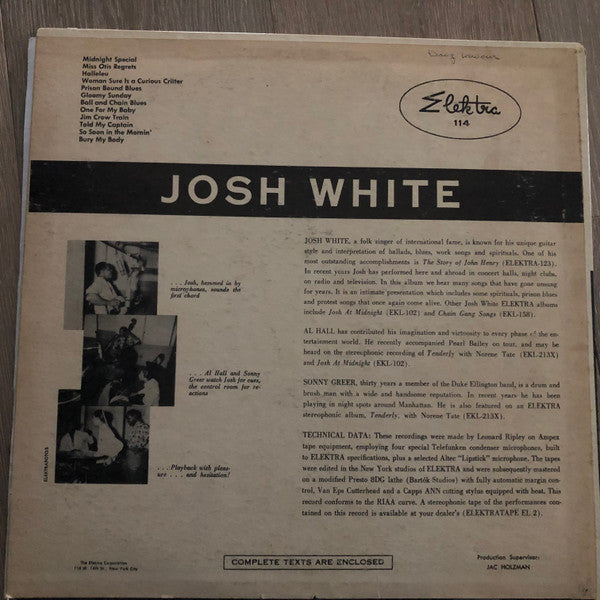 Josh White Accompanied By Al Hall, Sonny Greer : Sings Ballads - Blues (LP, Mono)