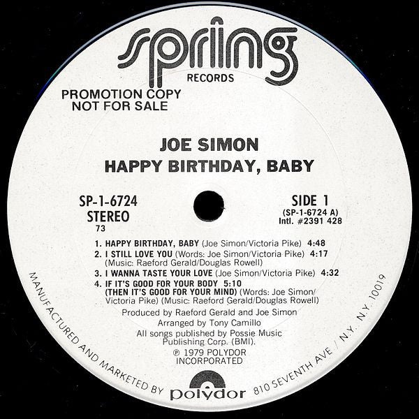 Joe Simon : Happy Birthday, Baby (LP, Album, Promo)