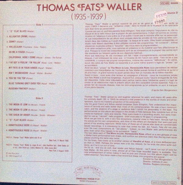 Fats Waller : Thomas "Fats" Waller (1935-1939) Volume 2 (LP)