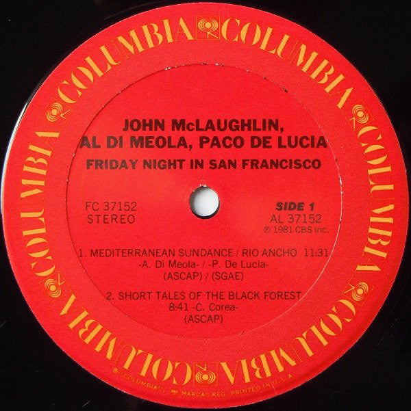 Al Di Meola, John McLaughlin, Paco De Lucia* : Friday Night In San Francisco (LP, Album, Ter)