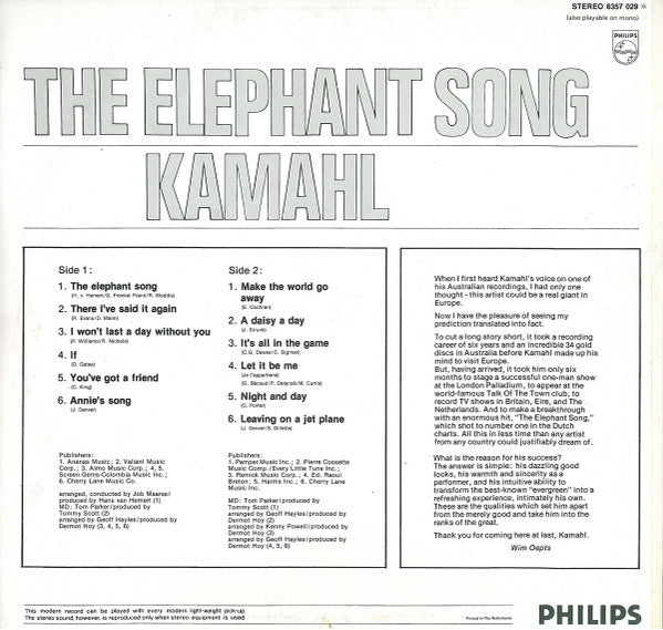 Kamahl : The Elephant Song (LP, Album)