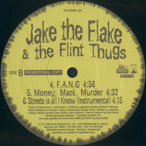 Jake The Flake & The Flint Thugs : Streets Is All I Know / F.A.N.G. / Money, Mack, Murder (12", Promo)