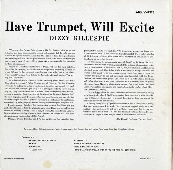 Dizzy Gillespie : Have Trumpet, Will Excite! (LP, Album, Mono)