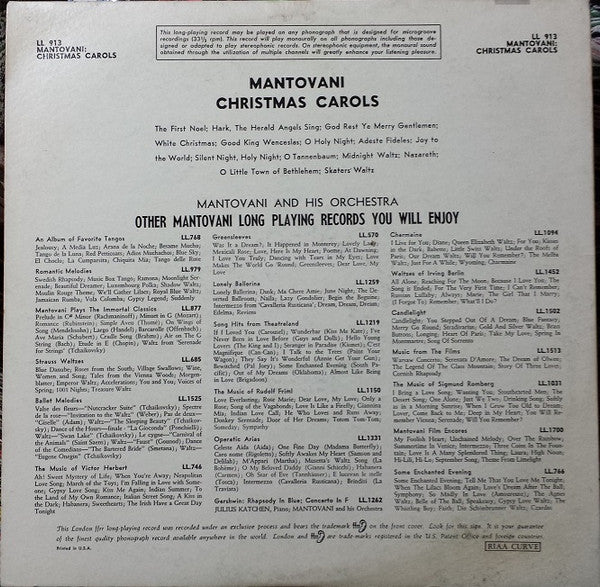 Mantovani And His Orchestra : Christmas Carols (LP, Album, Mono)