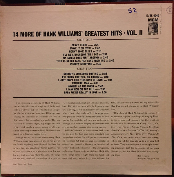 Hank Williams : 14 More Of Hank Williams' Greatest Hits Vol. II (LP, Comp)