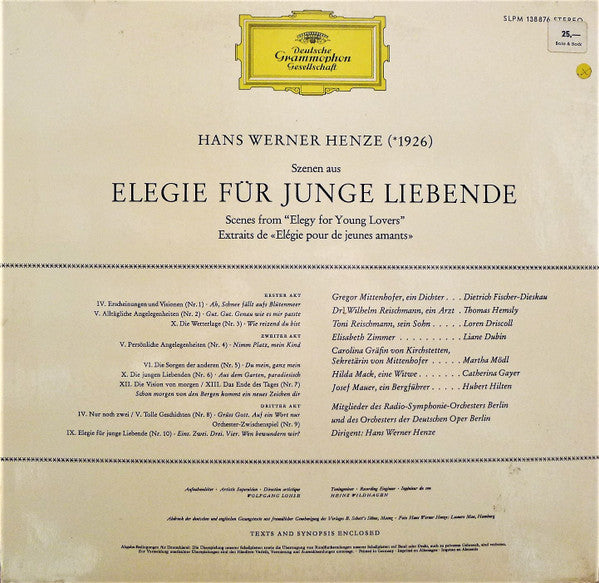 Hans Werner Henze : Szenen Aus »Elegie Für Junge Liebende« (LP)