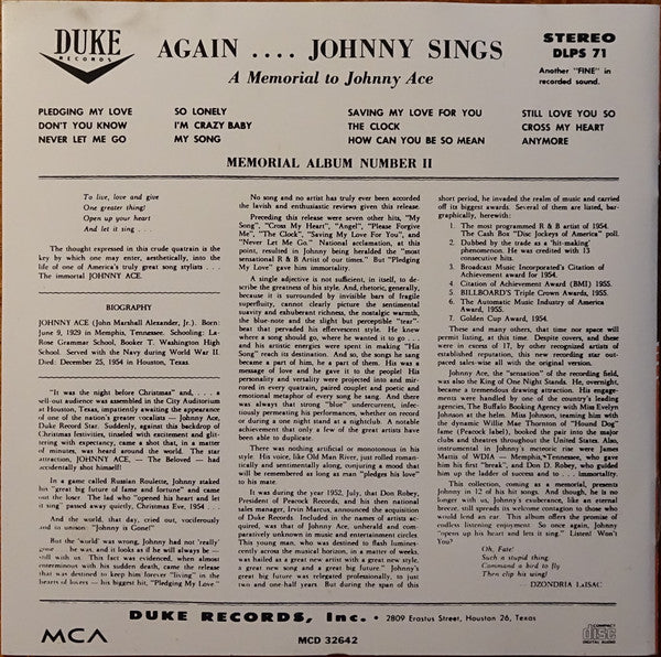 Johnny Ace : Memorial Album (CD, Album, Bon)