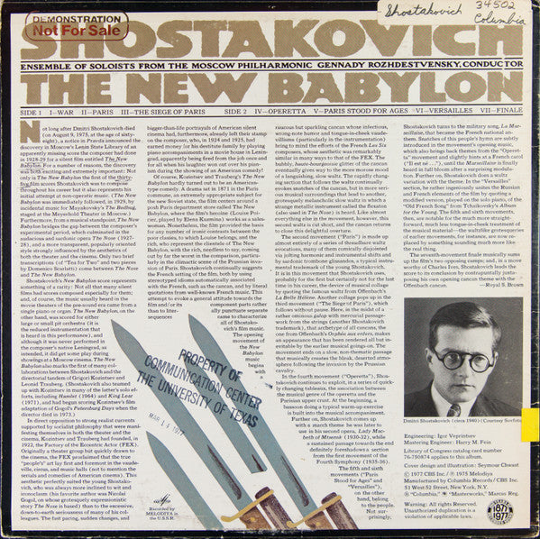 Shostakovich*, Ensemble Of Soloists From The Moscow Philharmonic Orchestra*, Gennadi Rozhdestvensky : The New Babylon (LP, Promo)