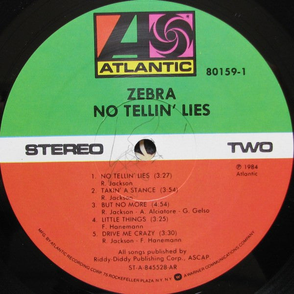 Zebra (8) : No Tellin' Lies (LP, Album, AR )