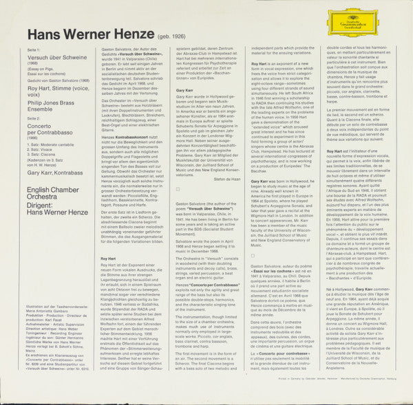 Hans Werner Henze : Versuch Über Schweine · Essay On Pigs / Concerto Per Contrabasso (LP, Gat)