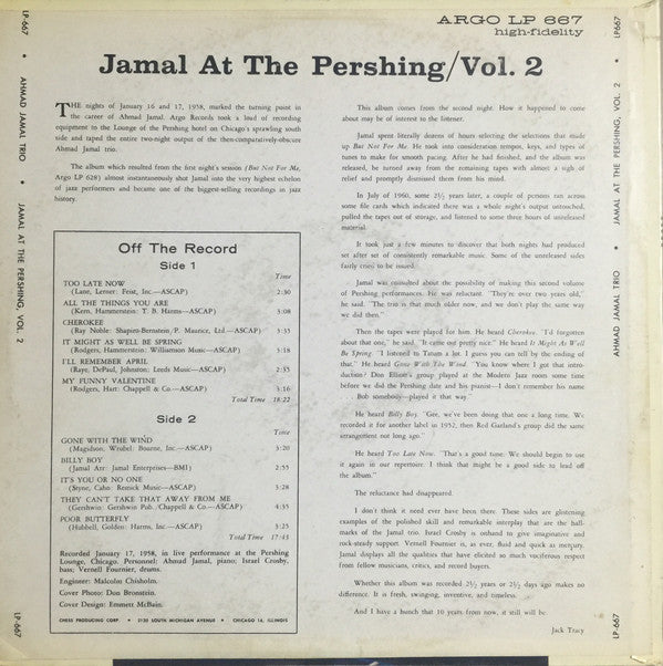 Ahmad Jamal Trio : Jamal At The Pershing Vol. 2 (LP, Album)