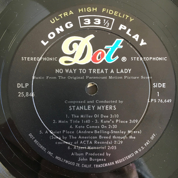 Stanley Myers : No Way To Treat A Lady (Music From The Original Motion Picture Score) (LP, Album)