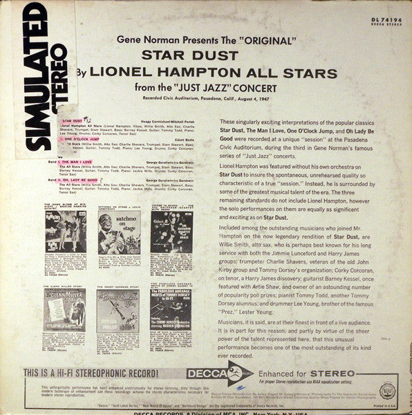 Lionel Hampton, Lionel Hampton All Stars : The "Original" Star Dust (LP, Album, RE, RP)