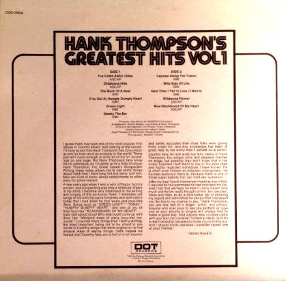 Hank Thompson : Hank Thompson's Greatest Hits Vol 1 (LP, Comp)