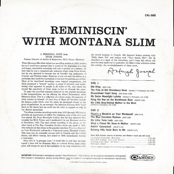 Montana Slim : Reminiscin' With Montana Slim (LP, Comp)