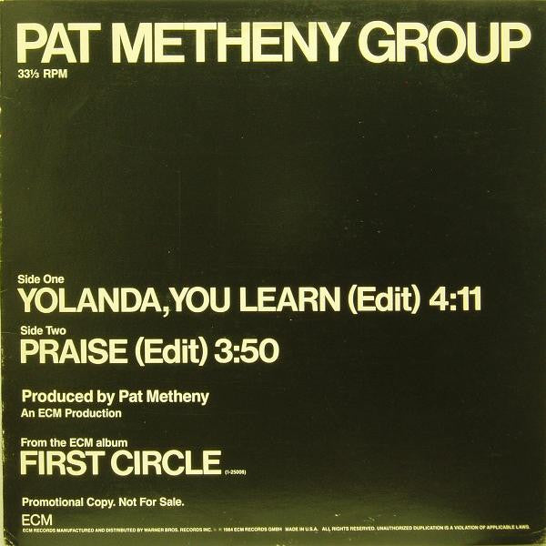 Pat Metheny Group : Yolanda, You Learn (Edit) / Praise (Edit) (12", Single, Promo)