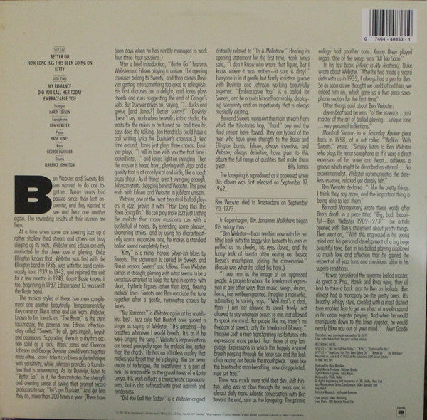Ben Webster & "Sweets" Edison* : Ben And "Sweets" (LP, Album, RE, RM)