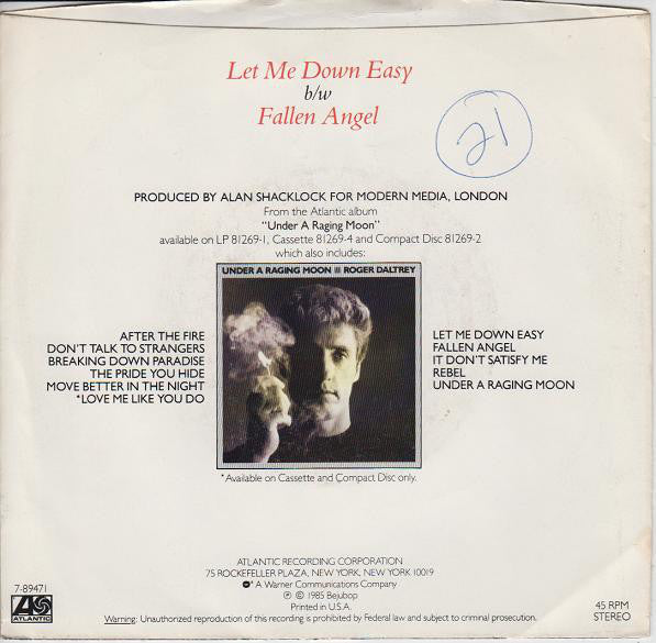 Roger Daltrey : Let Me Down Easy / Fallen Angel (7", Single)