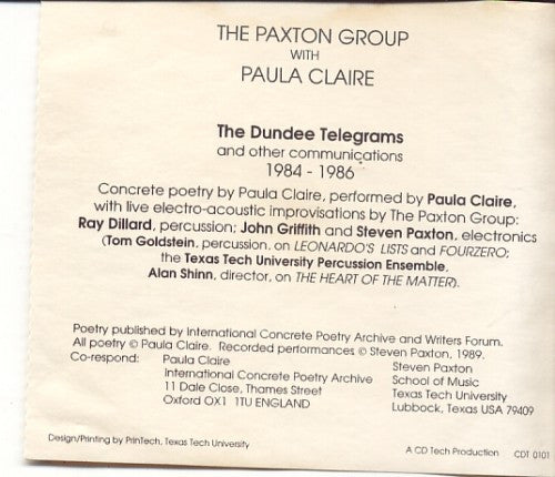 The Paxton Group With Paula Claire : The Dundee Telegrams And Other Communications 1984-1986 (CD, Album)