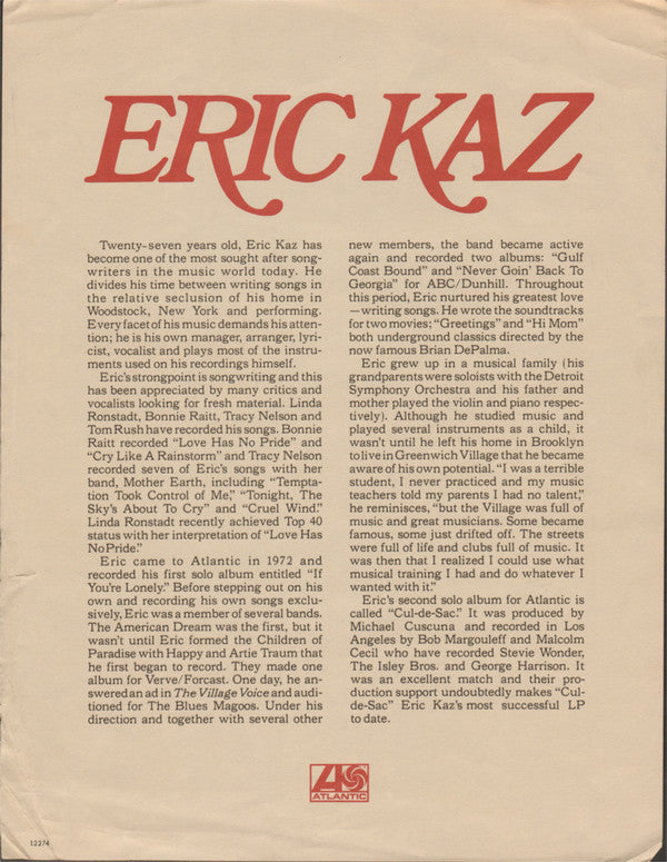 Eric Kaz : Cul-De-Sac (LP, Album)