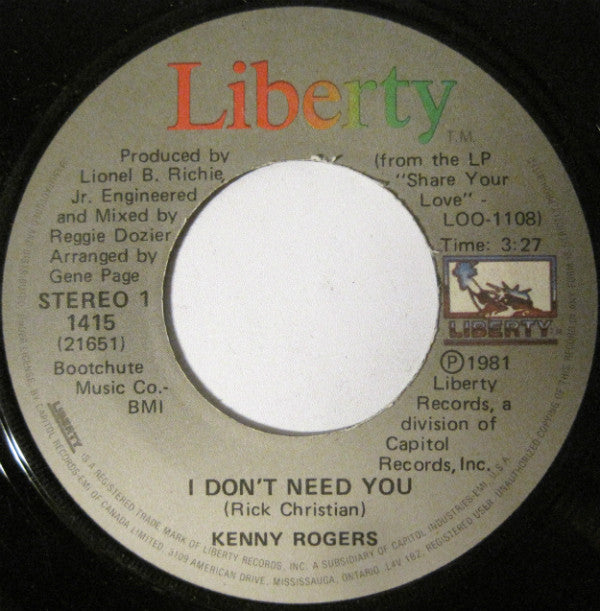 Kenny Rogers : I Don't Need You (7", Single)