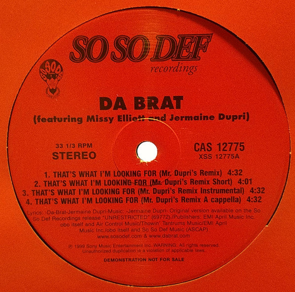 Da Brat : That's What I'm Looking For (Mr. Dupri's Remix) (12", Promo)