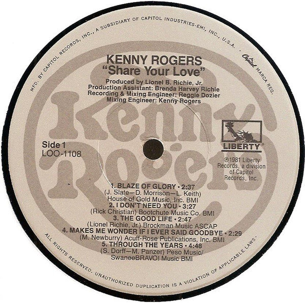 Kenny Rogers : Share Your Love (LP, Album, Win)