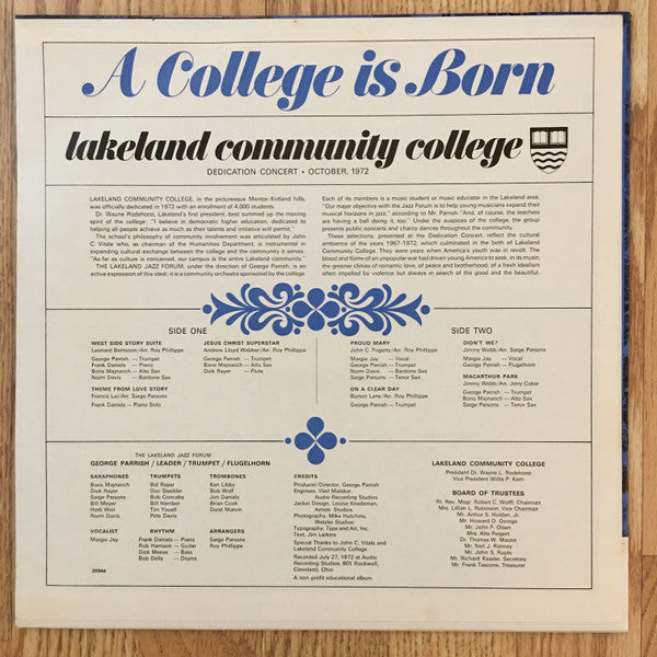 George Parrish And The Lakeland Jazz Forum : A College Is Born (LP, Album)